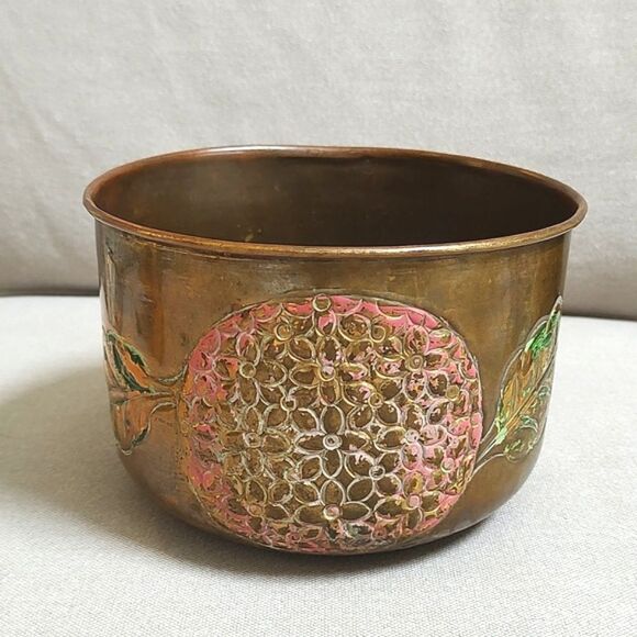 Hand Carved and Hand Painted Round Brass Cache Pot - Picture 1 of 8
